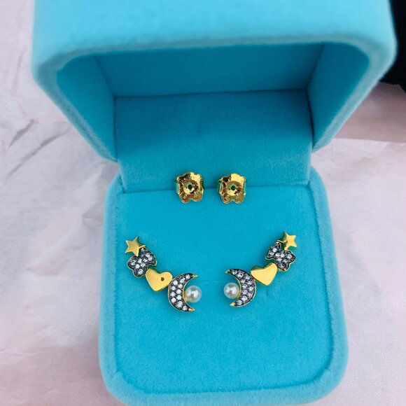 Tous Jewelry - TOUS 4-shapes Cluster Mini Pearl Bear Moon Star Heart Pin Gold Black Earrings